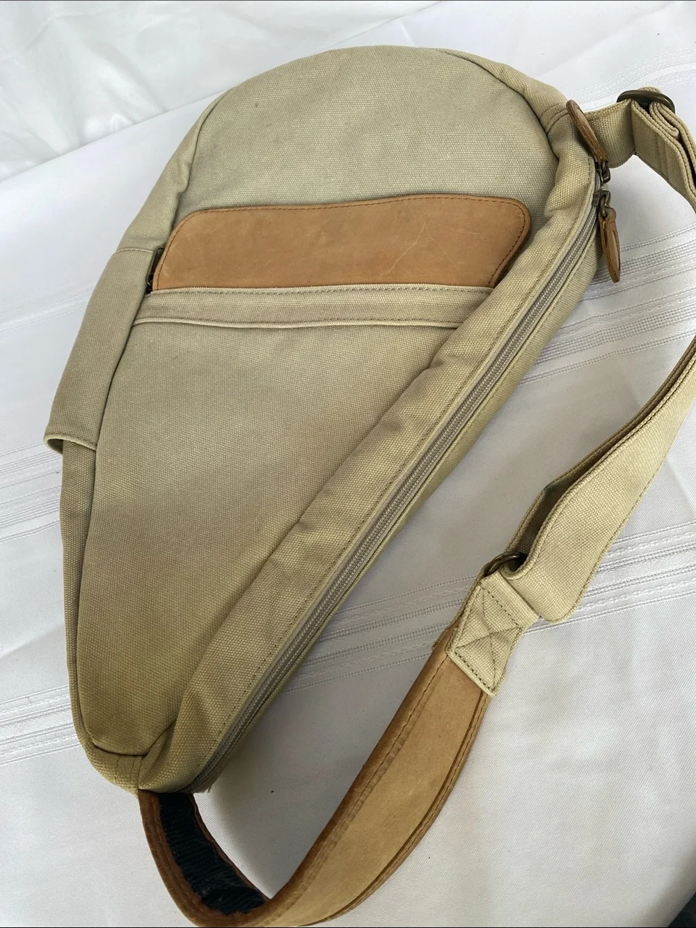 L.L. Bean Ameribag Khaki Canvas Sling Bag with Brown Leather Trim
